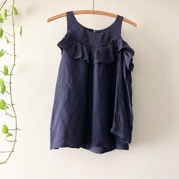 Maeve by‎ Anthropologie Ruffle Cold Shoulder Navy Top Size 4 - Picture 1 of 7